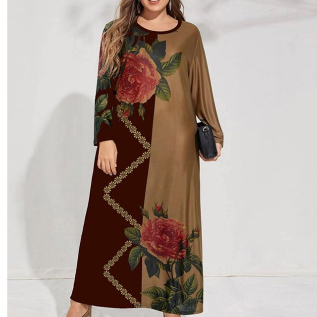 LSLJS Plus Size Women Casual Loose Printed Long-sleeve Crew-Neck Dress