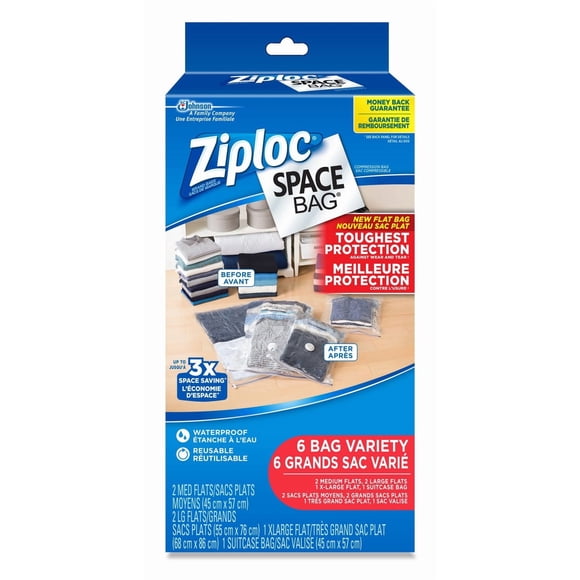 Ziploc Space Bag Vacuum Bags Variety Pack, 6 Bags (2 Medium, 2 Large, 1 Extra Large Flat bags, and 1 Travel bag)