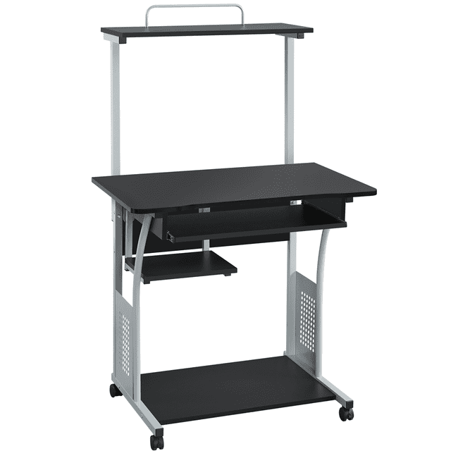 Fullfurnique Rolling 3-Tier Computer Desk with Detachable Top Shelf, Black, a mobile laptop desk with a black particle board surface and silver metal frame, featuring a detachable top shelf, pull-out drawer, small side shelf, and bottom shelf on four rolling casters with two lockable wheels, ideal for compact office furniture and versatile workspace setups.