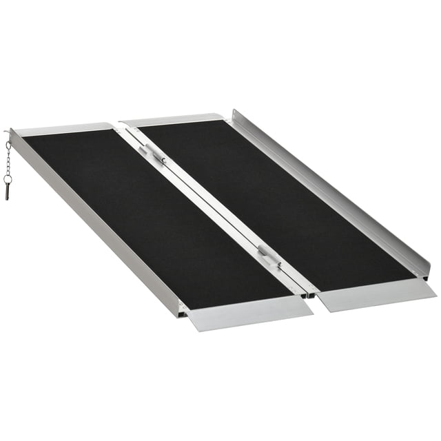 HOMCOM Rampe Portative de 4 Pieds pour Fauteuil Roulant en Alliage d'Aluminium durable avec une surface en PVC Noire Antidérapante et des Garde-Corps Latéraux Hauts pour la Sécurité. Cette Rampe de Seuil Présente une Conception à Pli Simple pour un Rangement et un transport Faciles, Convient aux Fauteuils Roulants, Trottinettes, Bicyclettes et Autres Accessoires de Mobilité. Dimensions Sont de 49,2 Pouces de long, 29,3 Pouces de Large et 2,2 Pouces de Haut, avec une Capacité de Charge de 600 Lb.
