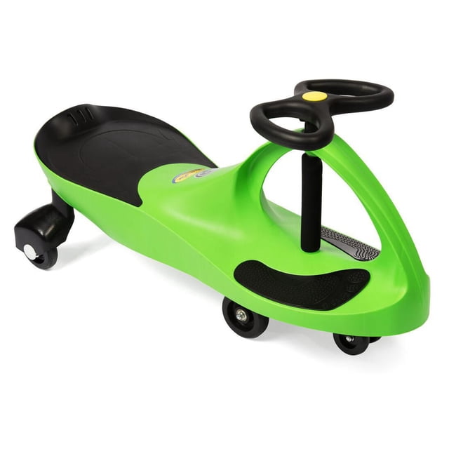 PlasmaCar- The Original Green & Black Vehicle, a kid-powered ride-on toy with a bright green polypropylene body and black seat, featuring a patented safety seat, black steering wheel with a yellow center button, and six small black wheels for smooth indoor and outdoor navigation on flat surfaces.