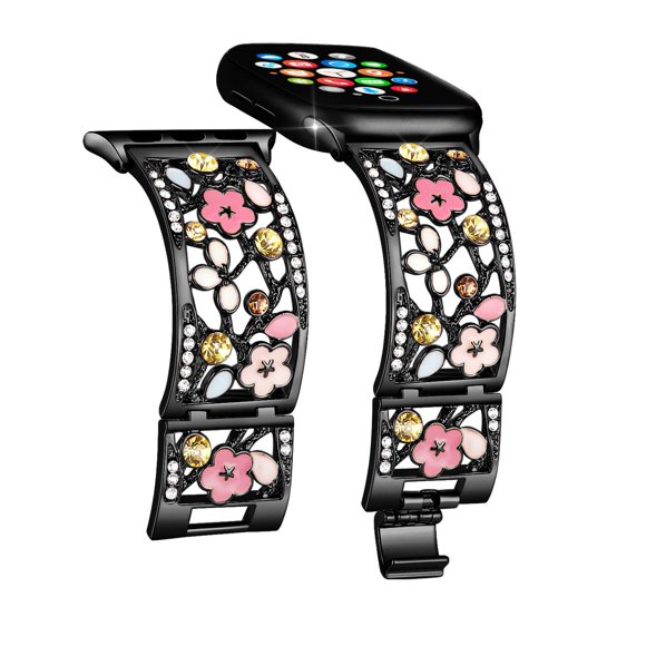 Duoan Bracelet Floral Compatible avec Apple Watch Band 42mm 44mm 45mm iWatch Bands Series 9 8 7 6 Ultra SE, Bracelet en Métal Creux Cristal Bling Mignon, Bracelet Habillé pour Femmes (42/44/45mm Noir)