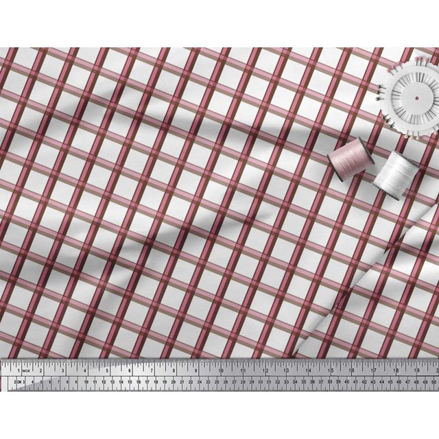Soimoi Brown Rayon Fabric Window Pane Check Print Fabric by the Yard 42 Inch Wide