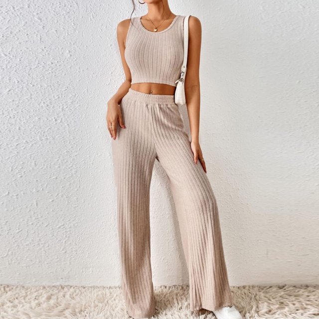 Meichang Womens Ribbed Kniited Outfits Solid Color Lounge Sets Slim Fit Sleeveless Tank Tops and Elastic Waisted Wide Leg Pants Sets