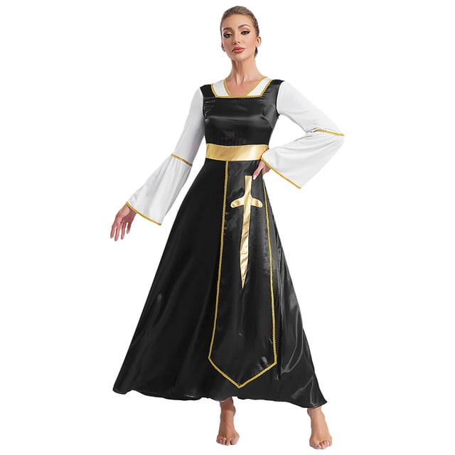 Sxiwei Robe Maxi Ample Longueur Cheville pour Femmes, Tunique Superposée de Danse de Louange, Robe de Culte Liturgique Noire 4TG