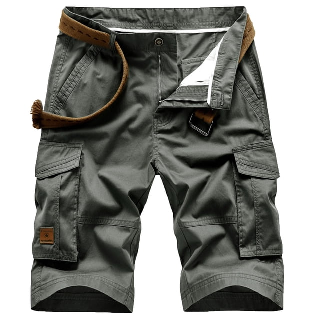 LSLJS Men's Cargo Shorts Multi-Pockets Relaxed Summer Beach Shorts Pants in a solid olive green color. These shorts feature multiple spacious pockets, an elastic waistband with a drawstring, and a relaxed fit for comfort. Made from lightweight polyester fabric, they are ideal for casual wear, outdoor activities, or lounging. The shorts are displayed with a brown belt and partially unzipped front, highlighting their functional design.