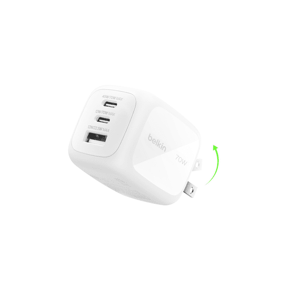 Belkin 3-Port USB C Charger Block 70W, Multi-Port GaN Wall Charger w/ 2x USB C Ports & 1x USB A Port, Fast Charging for MacBook, iPhone 17, iPad Pro, Samsung Galaxy S25, Google Pixel 10, & Mor