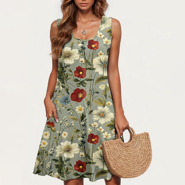 Ovzne Robes pour Femmes Robe de Plage Robe Décontractée pour Femmes Grande Taille Sans Manches à Col Rond Courte Robe Fleurie Robe de Vacances Liquidation