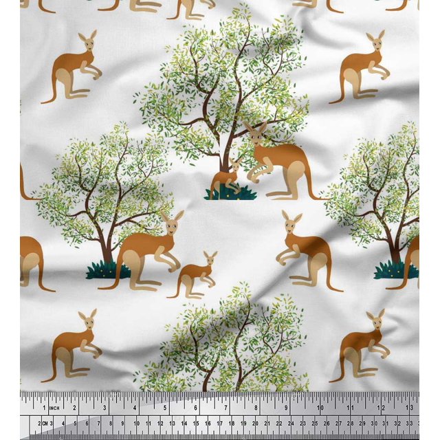 Soimoi Poly Georgette Fabric Tree & Kangaroo Animal Print Fabric by The Yard 52 Inch Wide