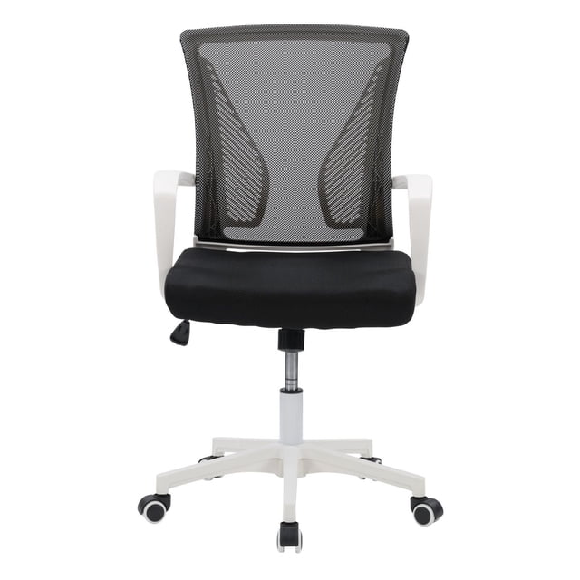 CorLiving Cooper ergonomic mesh back adjustable height adult office chair with wheels in black and white, featuring breathable mesh lumbar support, padded seat, white armrests, and a five-wheel base for smooth rolling on various floors, suitable for home or office workspaces and often used as a comfortable computer chair.
