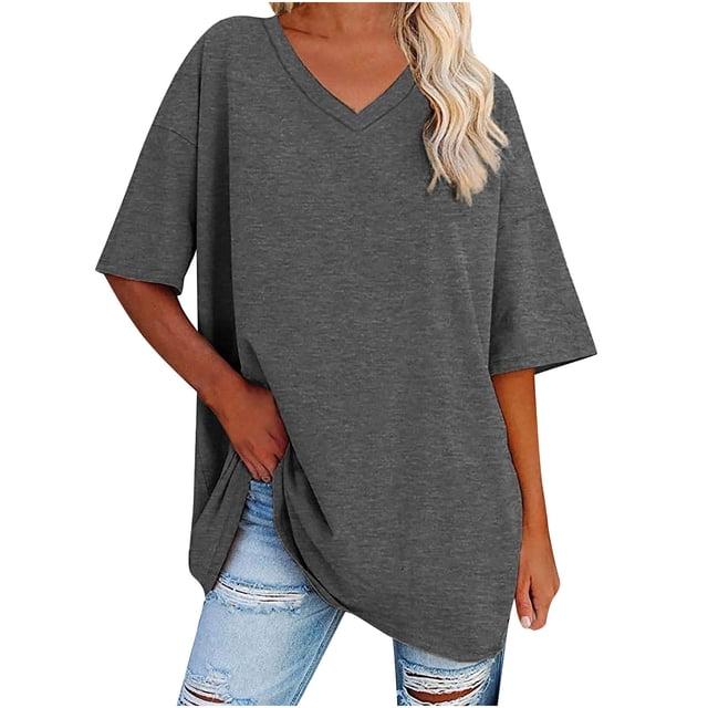 Plebaso T-Shirts Surdimensionnés pour Femmes à Col en V à Manches Mi-Longues T-Shirts Décontractés Unis Confort Hauts Amples pour Femmes