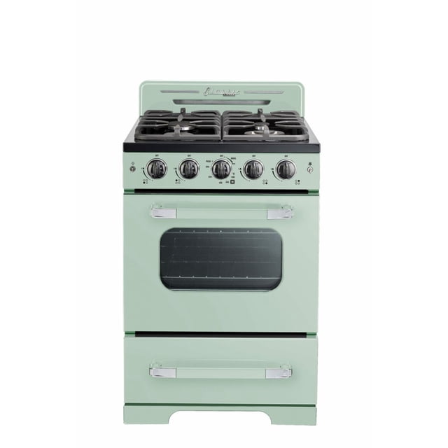 Classic Retro 24" Freestanding Gas Range with Convection Oven in Summer Mint Green. A compact appliance with retro-inspired design, featuring metal siding, zinc handles, and easy-to-use controls. Includes sealed burners, a waist-high broiler, and continuous cast-iron grates for smooth cookware movement. Perfect for smaller spaces or 50s-style kitchens.