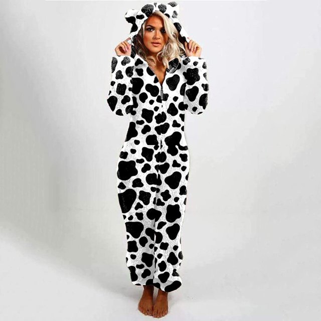 Combinaison Pyjama Unisexe Adulte Léopard à Capuche avec Fermeture Éclair Manches Longues en Peluche