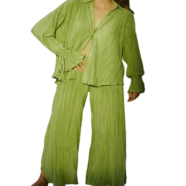 Women Solid Color Long Sleeve Blouse and Straight Fit Trousers