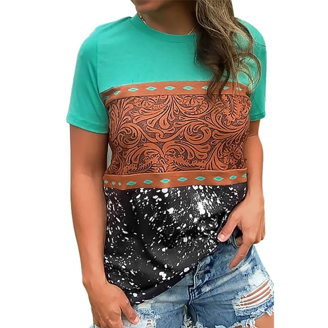 Pompotops Women Ethnic Style Leopard Print Shirt Short Sleeve T-Shirt Blouse Tops