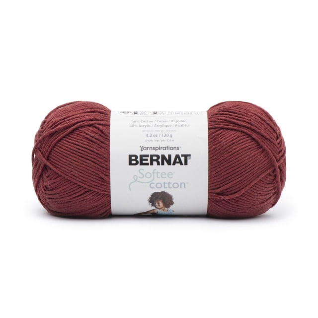 Bernat® Softee® Cotton™ Yarn in a deep reddish-brown shade, 4.2oz/120g ball with 254 yards of 60% cotton and 40% acrylic blend, DK weight #3 yarn suitable for lightweight garments and accessories, wrapped with a white label featuring the Bernat logo.