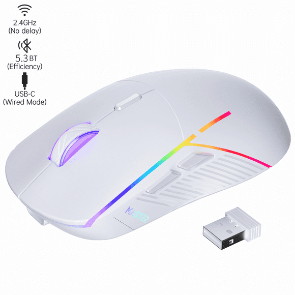 Wireless Gaming Mouse,24000DPI,6Programmable Buttons,75H Battery Life,6RGB Backlit,3 Mode USB-C Wired/2.4GHz/Bluetooth 5.3,Rechargeable Gaming Mice for PC/PS5/Mac/Computer/Laptop/Tablet,White