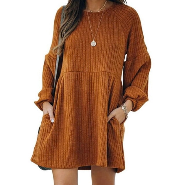 MesaSe Jupe Côtelée Tricotée pour Femmes Manches Lanterne Col Rond Robe Courte Pull Jupe avec Poches Automne Hiver Jupe Inférieure