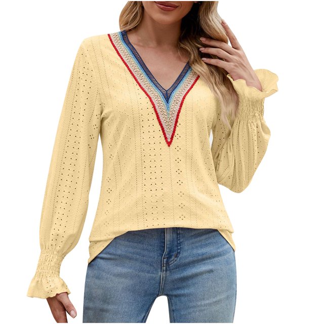 CEHVOM T-shirt Mode Femme Col en V Manches Longues Ample Liquidation