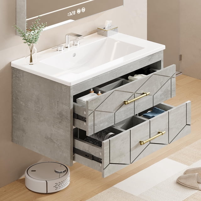 Modern Floating Bathroom Vanity – 30 Inch Wall Mounted Cabinet with Double Soft-Close Drawers, Gold Handles, Ceramic Basin, Easy Assembly – Grey, 30 inches
