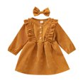thumbnail image 1 of Toddler Baby Girl Fall Spring Dress Corduroy High-Waist Ruffle Buttons Princess Dress With Bow Headband, 1 of 7