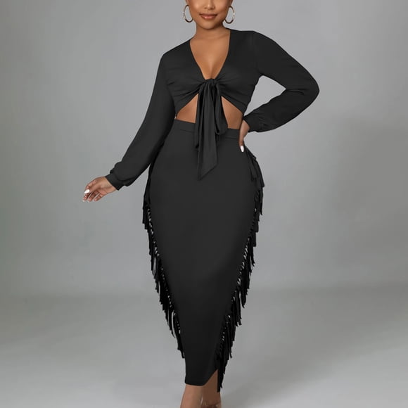 Gspmoly Summer Dresses, Women'S Sexy Solid Long Sleeve Lace-Up Fringe Dress Two Piece Vacation Dresses for Women Clearance
