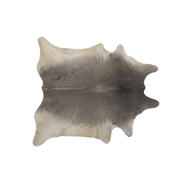 H-Natural 6'X7' Geneva Cowhide Rug in grey, laid flat with natural irregular edges and soft, low pile texture. The rug features a gradient from light grey at the edges to darker grey in the center, highlighting the natural Brazilian cowhide's supple sheen and unique pattern. Suitable for adding warmth and durability to home interiors, it is stain-resistant and easy to maintain.