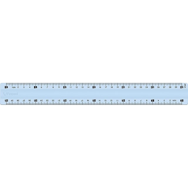 Maped Règle Métrique Incassable, 30 cm, Offerte en Couleurs Assorties, Illustrée en Bleu Pâle avec des Repères Métriques Transparents de 1 à 30 cm. Sa Conception durable Est Idéale pour l'École, le Bureau Ou l'Artisanat.