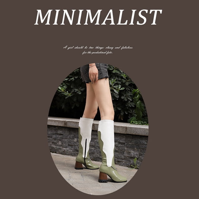 EGNMCR Knee High Boots Oversized Women's Fall/Winter Velvet Lining Color Matching Rectangle Toe Thick High Heels Long Chain Boots