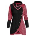 thumbnail image 1 of Qertyioot Chandail pour Femme Grande Taille Femme Col Rond Manches Longues Uni Bouton Patchwork Hauts Asymétriques, 1 of 5