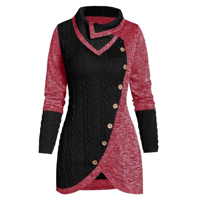 Qertyioot Chandail pour Femme Grande Taille Femme Col Rond Manches Longues Uni Bouton Patchwork Hauts Asymétriques