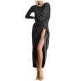thumbnail image 1 of cfhntfmh Robes de Cocktail pour Femmes Automne Confortables Col Rond Manches Longues Longue Robe Maxi Douce Aguichant Ceinturée Fente Latérale Robe de Soirée, 1 of 3