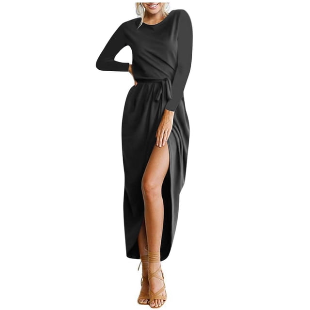 cfhntfmh Robes de Cocktail pour Femmes Automne Confortables Col Rond Manches Longues Longue Robe Maxi Douce Aguichant Ceinturée Fente Latérale Robe de Soirée