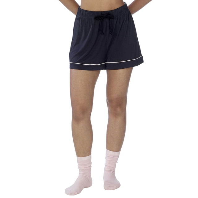 Secret Sleep Short with Piping in dark navy blue, front view with elastic waistband and drawstring, white piping detail along hem, made of soft, breathable viscose fabric, suitable for women's loungewear or sleepwear comfort.