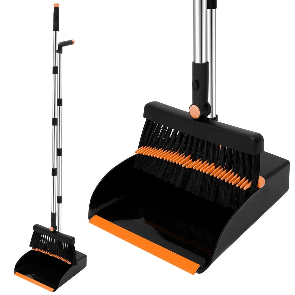 Broom and Dustpan Set 57 Inches Long Handle Lightweight 180 Degree Rotating Broom Kits Upright Standing Dust Pan with Comb Teeth for Room Kitchen Lobby Office