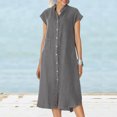 thumbnail image 2 of Ersazi Jolies Robes pour Femmes en Liquidation Mode Femmes Été Bouton Décontracté Uni Col en V Manches Courtes Robe Gris m, 2 of 9