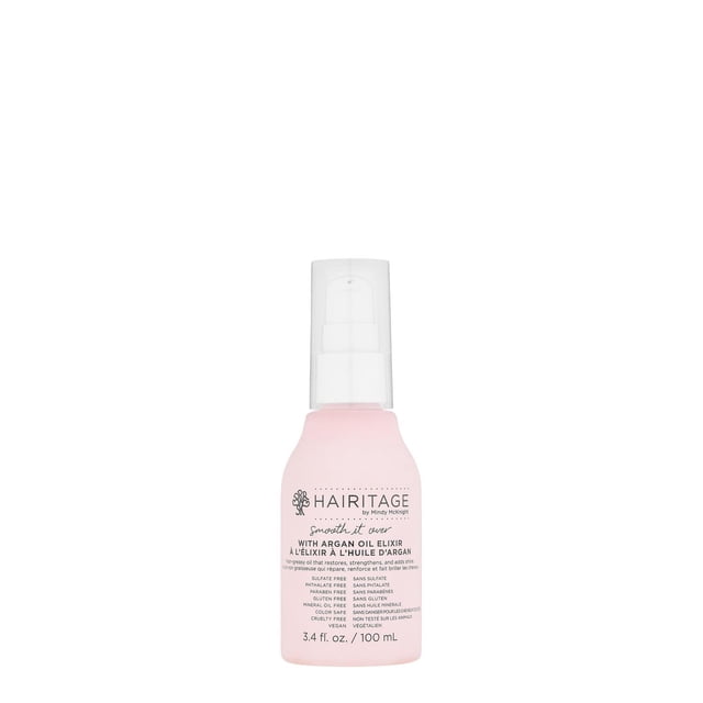 Hairitage Smooth It Out Argan Oil in a 100 mL light pink bottle with clear pump dispenser, a lightweight hair serum for conditioning, styling, and finishing with a sulfate-free, cruelty-free argan oil formula ideal for taming flyaways and polishing hair.