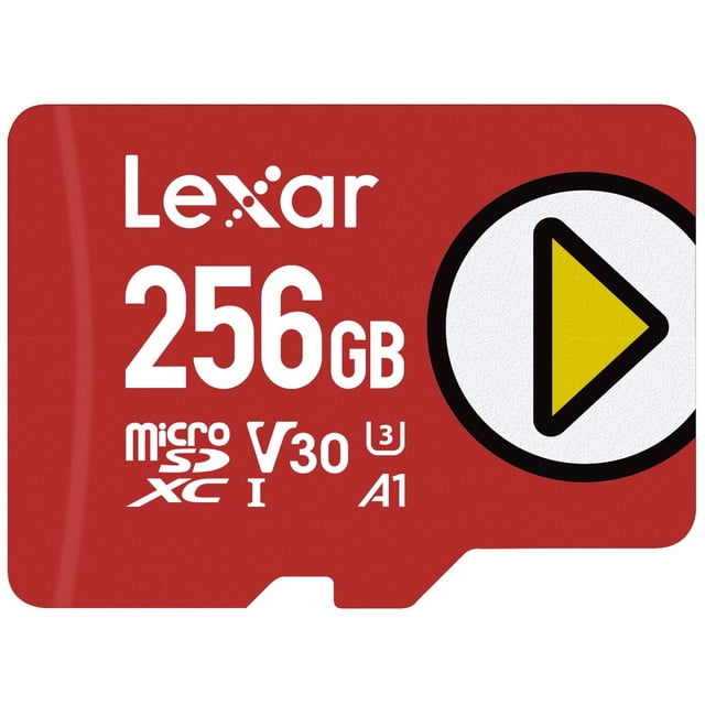 Lexar Play 256GB MicroSDXC digital memory card in red with white text showing 256GB capacity, microSDXC format, V30 video speed class, U3 UHS speed class, and A1 app performance rating, featuring a yellow play button icon on the right.