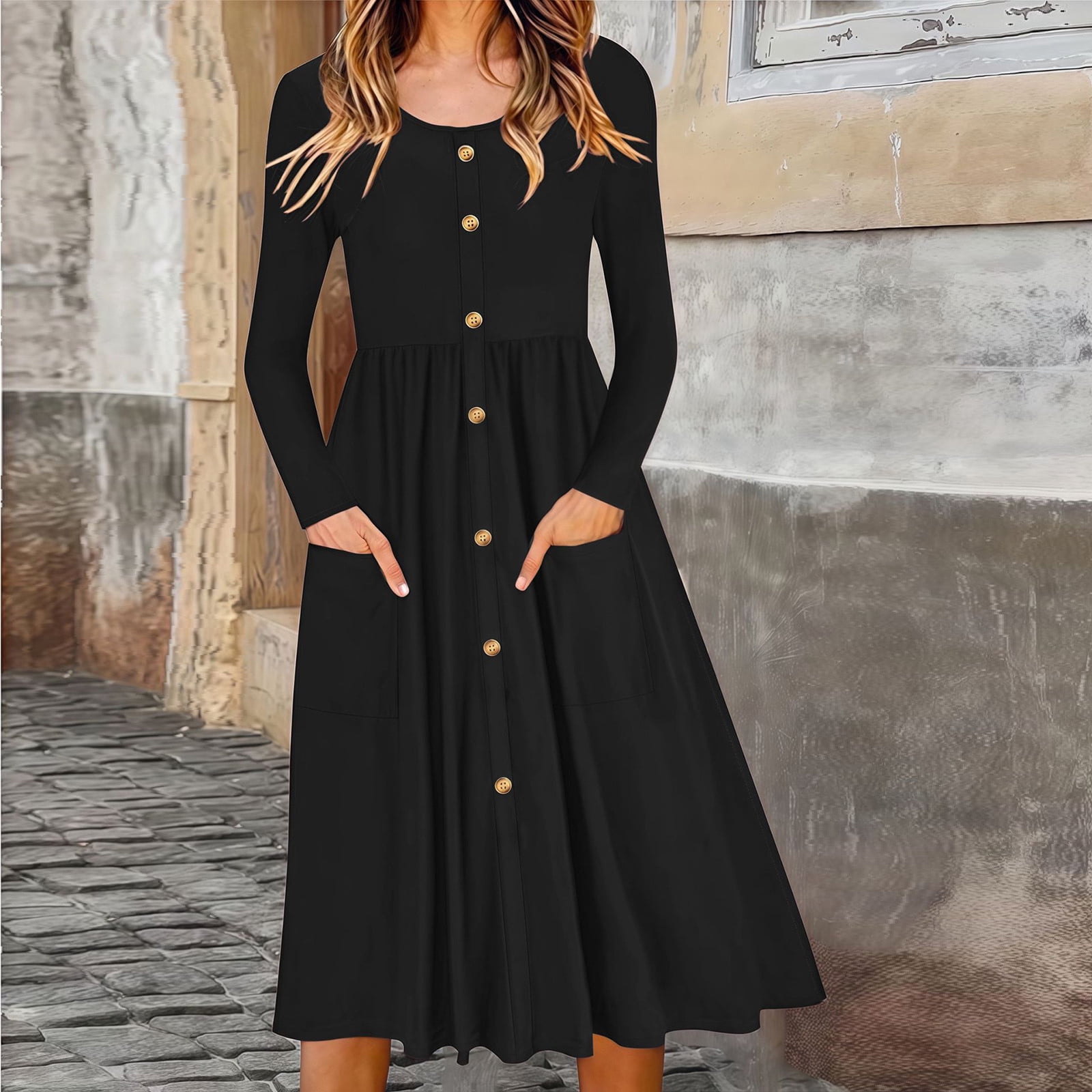 Elvqul Dress for Women Formal Long Sleeve Plunge Pullover Plain Summer Maxi Dress for Juniors Black