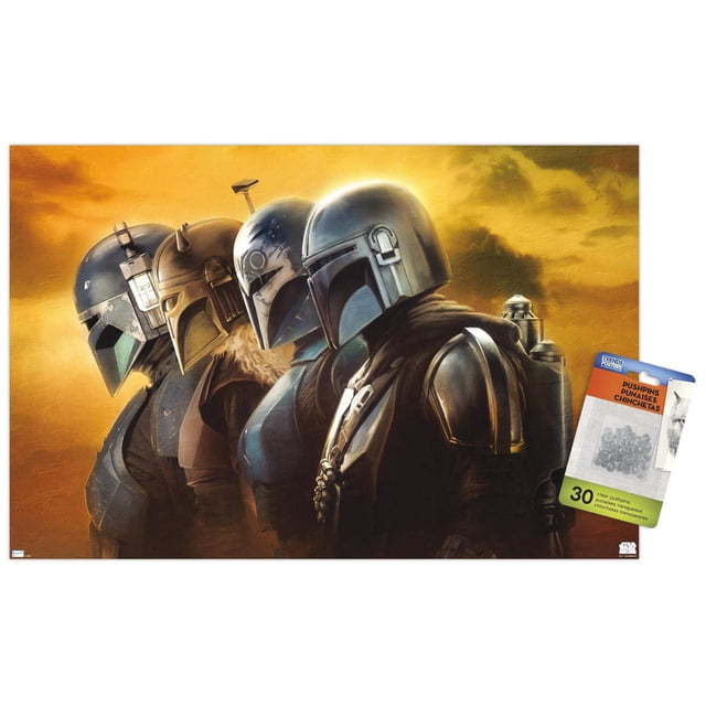 Star Wars : The Mandalorian Saison 3 - Affiche Murale de Casques, 22,375 Pouces x 34 Pouces, Montre Quatre Casques Mandalorian de Profil Latéral contre un Ciel orange Texturé, Imprimée sur Papier Lustré pour une art Mural vibrant, Convient pour Décorer des Chambres, des Bureaux Ou des Dortoirs avec des Supports Adhésifs Faciles à Utiliser.