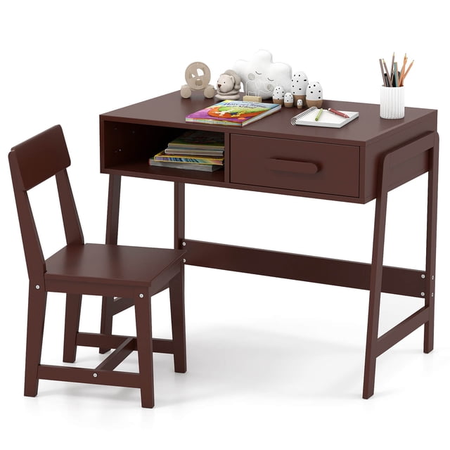 Costway Kids Desk and Chair Set with Storage Drawer and Hutch, Student Writing Desk Set Brown