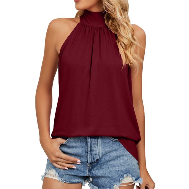 HBFAGFB Hauts pour Femmes Dames Simple Col Suspendu Lacé Sans Manches Gilet Vêtements Mode Rouge Taille 2TG