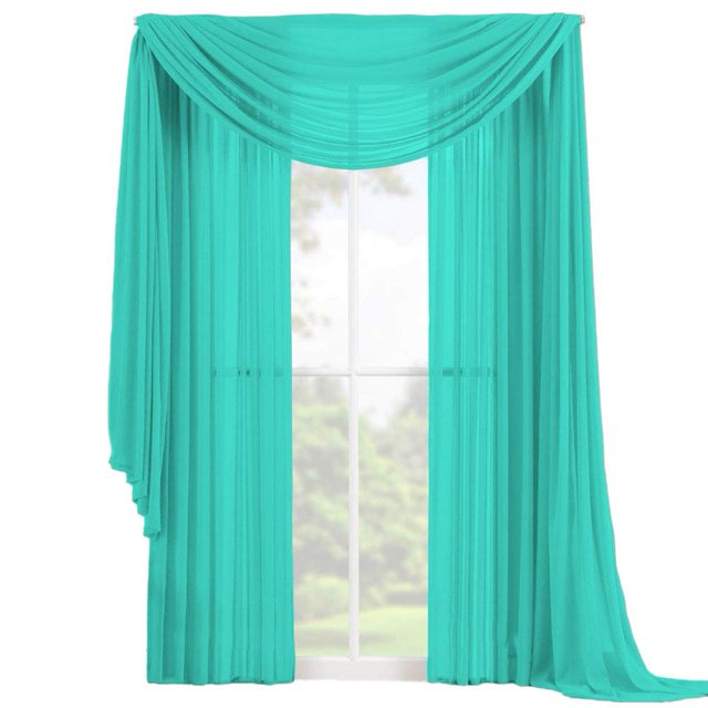 Decotex 3 Piece Elegant Sheer Voile Window Curtain Panel Drape Set includes 2 Panels and 1 Matching Scarf (63" Length, Turquoise)