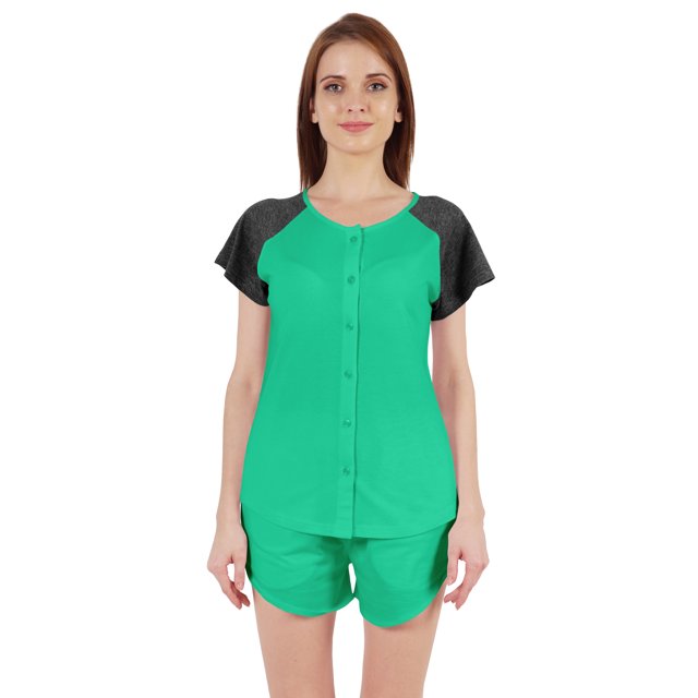 Inkmeso Solid 2 Pc Nightwear Set For Women Raglan Sleeves Button-Down Top & Shorts Sleepwear-71