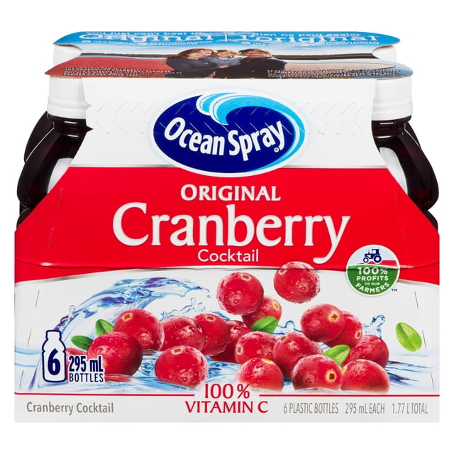 Ocean Spray Cocktail aux Canneberges, Portion Individuelle, Paquet Multiple Contenant six Bouteilles en Plastique de 295 ml de Jus de Cocktail aux Canneberges original avec 100 % de Vitamine C par Portion, Emballé dans un Support Rouge et Blanc Montrant des Canneberges Fraîches et des Graphiques d'Éclaboussures d'Eau, Souvent Utilisé pour le Mélange avec de l'Eau Pétillante Ou des Boissons Alcoolisées.