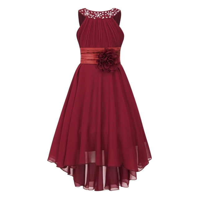 Aislor Robe Fleurie en Mousseline Asymétrique pour Filles, Enfants, Froncée, Sans Manches, Perlée, Mariage, Demoiselle d'Honneur, Robe Formelle, Bourgogne 10