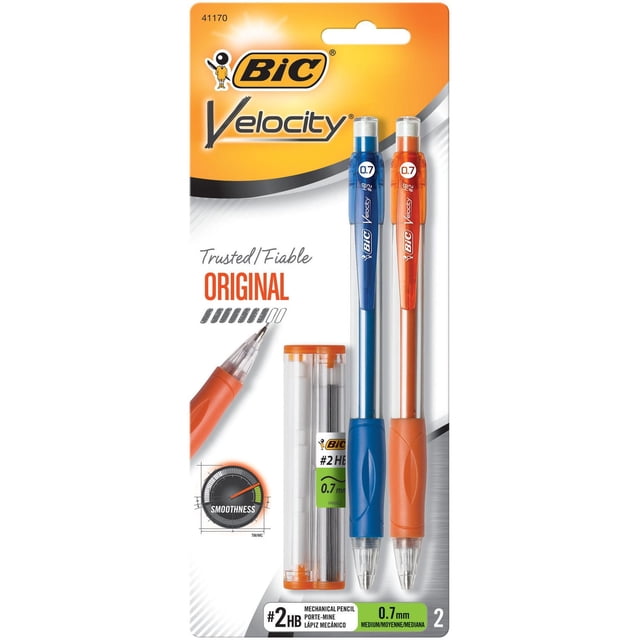 BIC Velocity 0.7 mm Pencil pack includes two mechanical pencils with blue and orange barrels, soft grips, and clear tips, plus a container of #2 HB 0.7 mm refill leads, designed for smooth, dark writing and precise control, suitable for note-taking and tests.