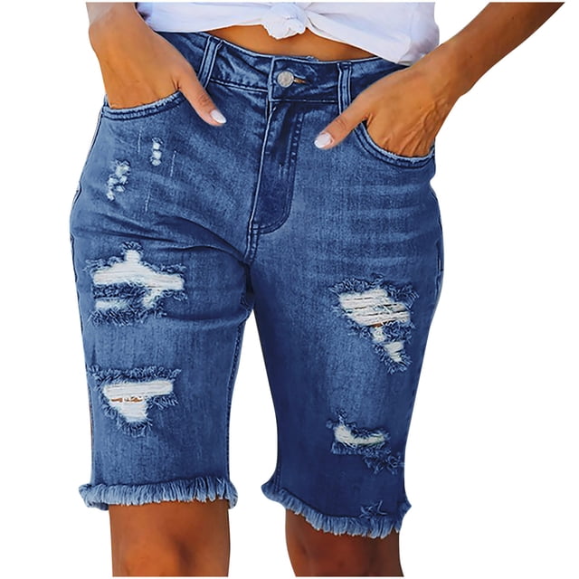 AherBiu Jean Shorts Ripped Straight Distressed Frayed Stretchy High Waisted Skinny Half Denim Shorts