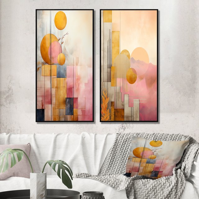 Designart "Retro Dreams Golden Moon III" Modern Geometric Framed Wall Art Set Of 2 - Modern Pink Frame Gallery Set For Office Decor