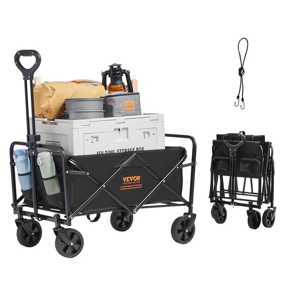 VEVOR Chariot Pliable et Rabattable avec Capacité de Charge de 220 Lb, Chariot Utilitaire Pliant Robuste, avec Grandes Roues de Plage Tout-Terrain et Porte-Gobelets, pour le Camping, le Jardin, les Sports, la Plage, le Magasinage, Noir